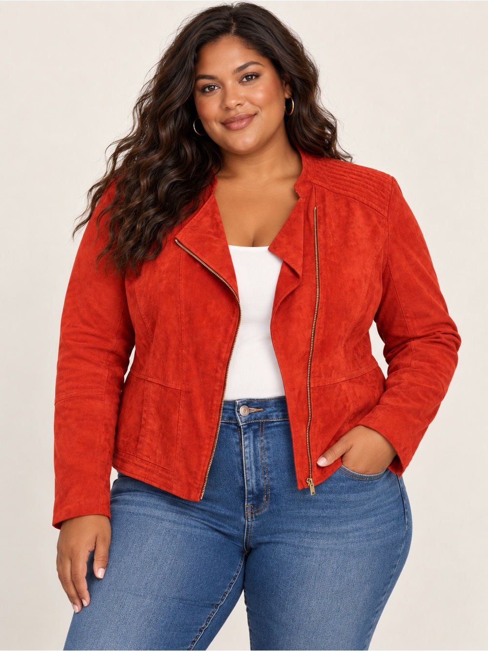 Plus-Size Burnt Orange Jacket - Stylish Zip-Front Outerwear 100% Genuine Leather